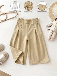 LMoss Kids Baby Girl Ruffle Waist Button Design Casual Denim Loose Long Pants - Khaki - View 8