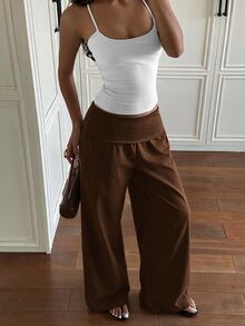 SHEIN EZwear Women's Solid Color Pleated Casual Versatile Daily Wear Long Pants - Brown - View 4