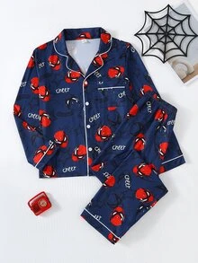 BATMAN X SHEIN 超級英雄蜘蛛網印花男童大童2件套新長袖上衣與長褲睡衣套裝 時尚經典基礎休閒居家服 開襟領前開式家居服 - 藏蓝色 - 查看 2