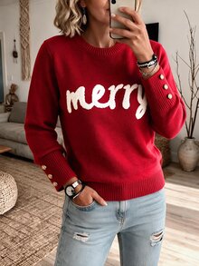 SHEIN LUNE 女款秋冬新款紅色圓領字母刺繡長袖優雅休閒日常通勤度假時尚針織套頭毛衣 - 紅色 - 查看 7