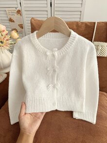 SHEIN 女童秋冬時尚手工蝴蝶結針織長袖開襟毛衣 - 白色 - 查看 1