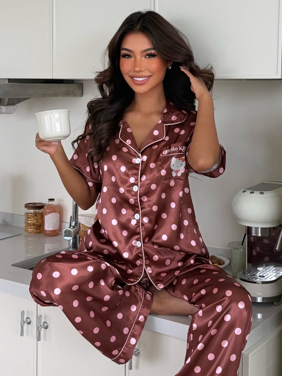ZzzCrew HELLO KITTY AND FRIENDS | SHEIN Collaboration Cute Cartoon Polka Dot Print Lapel Faux Silk Pajama Set - Brown - View 1