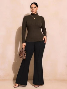 SHEIN SXY Plus Size Brown Ribbed Turtleneck T-Shirt Suitable For Autumn/Winter - Brown - View 4