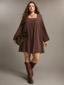Freevana Plus Size Women Solid Color Ruched Square Neck Casual Daily Summer Long Sleeve Dress - Coffee Brown - View 6