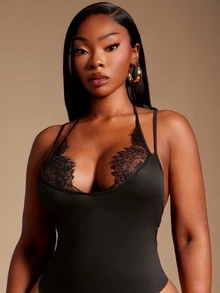 SHEIN SXY Black High Elasticity Knit Sleeveless Camisole Contrast Lace Fitted Backless Camisole - Black - View 6