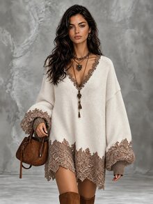 LUMIGAL Women's Contrast Lace V-Neck Drop Shoulder Long Sleeve Loose Knit Dress - Apricot - View 1