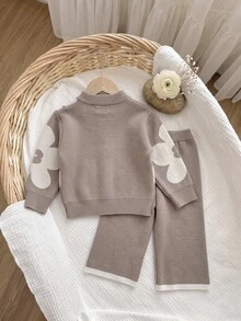 SHEIN Baby Girl Floral Pattern Long Sleeve Top And Pants Knit Set - Khaki - View 2