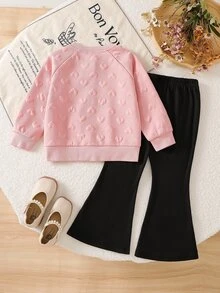 SHEIN Playful Pals 2件組幼女開襟衫＋喇叭褲，甜美粉黑配色，3D花朵貼花愛心設計，長袖圓領，休閒正裝，適合派對、秋季假期，優雅風格 - 粉色 - 查看 2