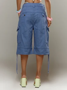 MUSERA 粉色低腰工裝牛仔短褲 寬鬆版型 可調節腰圍 春夏度假風 伊比薩風 - 霧霾藍 - 查看 2