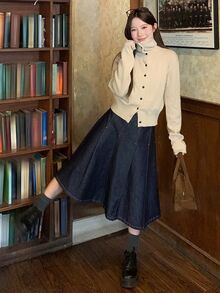DAZY Women's A-Line Long Casual Denim Skirt - Dark Wash - View 3