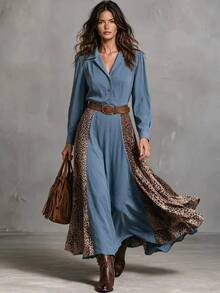 Solivie Women's Extra Long Dress With Patchwork Leopard Print Fabric Design, Autumn New Arrival - Multicolor - View 1