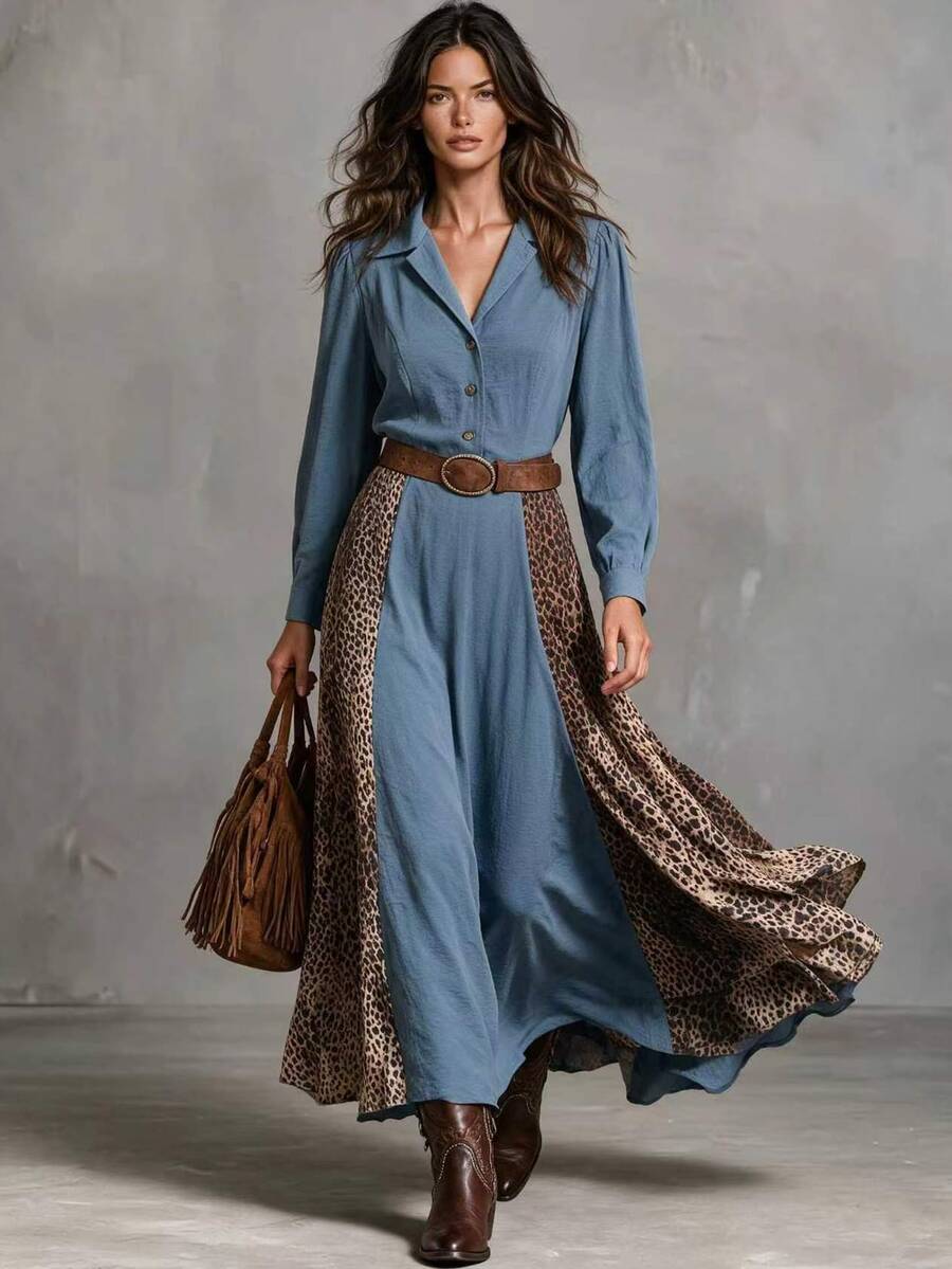 Solivie Women's Extra Long Dress With Patchwork Leopard Print Fabric Design, Autumn New Arrival - Multicolor - View 1
