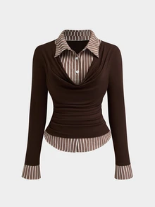 Sweetra Women's Plus Size Korean Style Patchwork Striped 2 In 1 Shirt - Multicolor - View 3