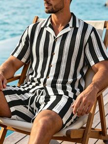 VENTUSAIL 男士夏季輕量領針織鏤空網格條紋成熟度假風修身短袖襯衫與彈性腰短褲套裝 - 黑與白 - 查看 5