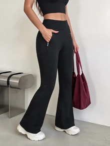 WanderVale Women's Outdoor High Waist Zipper Pocket Sports Long Pants - Black - View 6