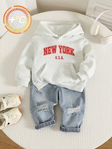 SHEIN 2件組嬰兒男孩女孩秋冬休閒連帽衛衣與破洞牛仔褲套裝，嬰兒套裝，秋冬套裝，嬰兒男孩運動服 - 彩色 - 查看 8