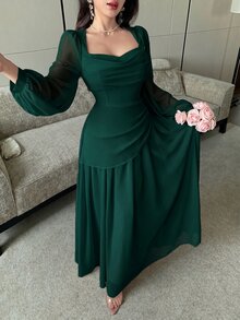 Modelyn Cowl Neck Puff Long Sleeve Cinched Waist Asymmetrical Pleated Chiffon Full Skirt Dress - Dark Green - View 4