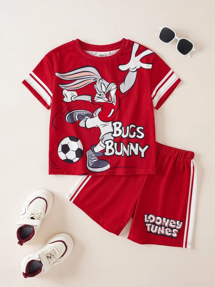LOONEY TUNES X SHEIN Young Boy Letter Print Short Sleeve T-Shirt And Shorts Set - Red - View 1