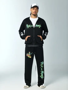 Rick and Morty X SHEIN Men's Letter Pattern Zip-Up Hoodie And Sweatpants Casual Daily Set - Black - View 2