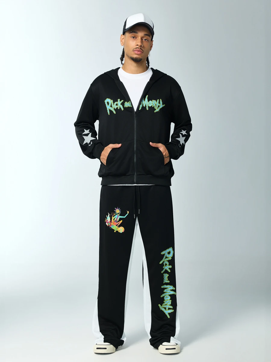 Rick and Morty X SHEIN 男士字母圖案拉鍊連帽衛衣與運動長褲休閒日常套裝 - 黑色 - 查看 1