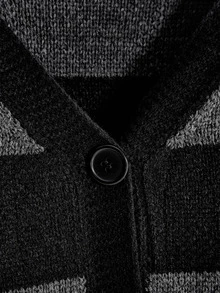 ROMWE Goth Women Distressed Checkered Fringe V-Neck Button Front Knit Cardigan, Drop Shoulder Grunge Sweater - Black - View 3