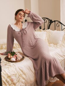 Côtesoire Gaun Tidur Wanita Ukuran Besar Motif Patchwork Blok Warna dengan Hiasan Rumbai dan Tali Depan, Lengan Panjang, dan Bergaris - Dusty Pink - View 6