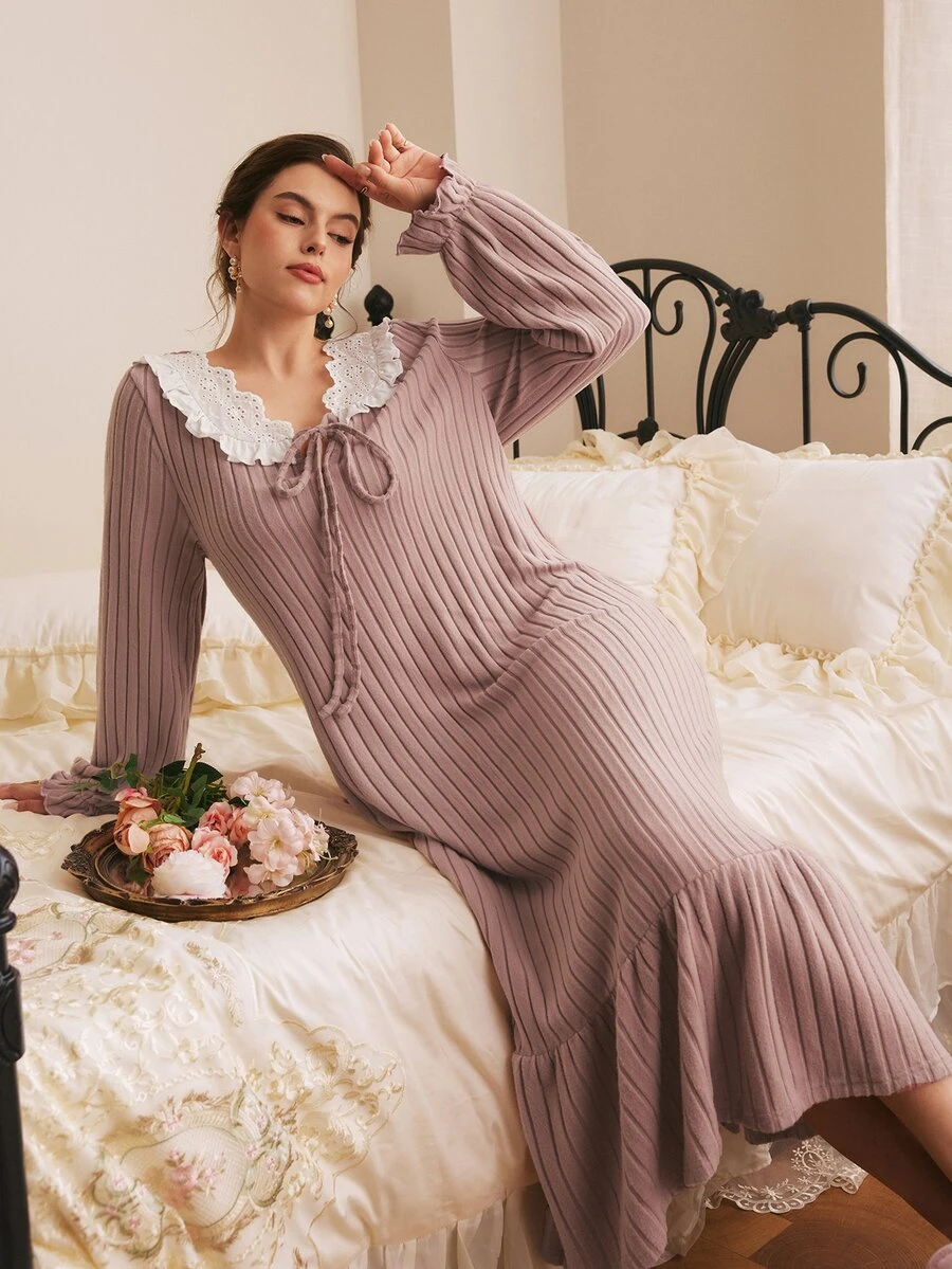Côtesoire Plus Size Women's Colorblock Patchwork Frill Trim Front Tie Long Sleeve Ribbed Nightgown - Dusty Pink - View 1