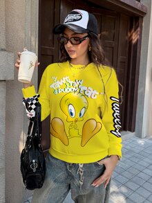 LOONEY TUNES X SHEIN 女款字母卡通印花圓領長袖休閒運動衫 - 白色 - 查看 6