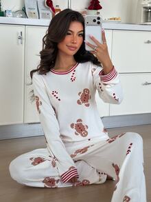 ZzzCrew Christmas Gingerbread Man Print Ribbed Contrast Patchwork Long Sleeve Pants Pajama Set - Beige - View 4