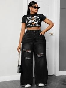 SHEIN EZwear 大尺碼街頭風鈕扣口袋水洗破洞牛仔寬腿褲 - 黑色 - 查看 3