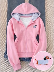 SHEIN Sparklyn 青少年女孩休閒百搭韓系開襟運動衫外套，適度寬鬆版型，返校穿搭 - 粉色 - 查看 3
