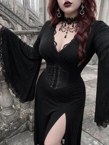 Whyspr Plus Size Dark Style Side Slit Long Dress - Black - View 3