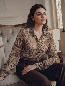 Anewsta Plus Size Women's Spring/Autumn Modern Fashion Versatile Leopard Print Loose Long Sleeve Shirt - Brown - View 2