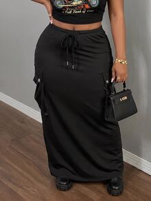 Slaydiva Plus Size Women Solid Color Drawstring Waist Casual Daily Skirt - Black - View 11