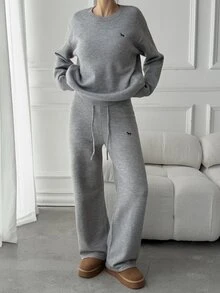 DAZY Women's 2 Pieces Set: Embroidered Pattern Loose Long Sleeve Pullover Sweater & Straight Leg Pants, Casual Vacation Korean Street Style, Thickened Autumn/Winter - Grey - View 1