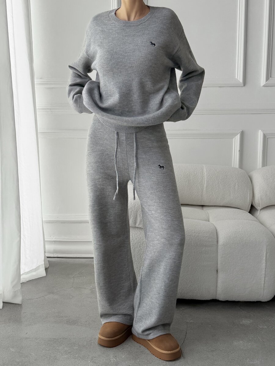 DAZY Women's 2 Pieces Set: Embroidered Pattern Loose Long Sleeve Pullover Sweater & Straight Leg Pants, Casual Vacation Korean Street Style, Thickened Autumn/Winter - Grey - View 1
