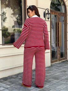 Easura 大尺碼復古紅色條紋 Polo 領針織套裝 女款 寬鬆寬腿褲 2 件組 冬季 - 紅色 - 查看 2