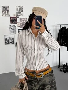 StreetHx Women's Street Vintage Fitted Cotton-Feel Striped Shirt - White - View 5