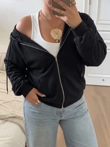 SHEIN EZwear بلوزة رياضية كاجوال مقاس كبير بسحاب وأكمام طويلة وغطاء رأس مع جيوب - الأسود - مشاهدة 6