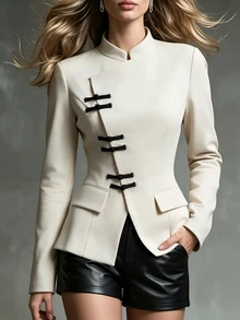Penseblé Women's Spring/Autumn New Chinese Style Stand Collar Asymmetric Button Waist-Cinching Slim Fit Double Pocket Long Sleeve National Style Commute Short Wool Jacket - Apricot - View 4