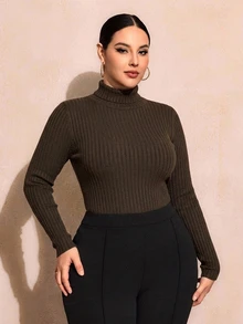 SHEIN SXY Plus Size Brown Ribbed Turtleneck T-Shirt Suitable For Autumn/Winter - Brown - View 3
