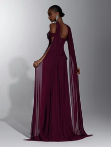 Elitara Elegant Romantic Luxury Elastic Knit Cold Shoulder Off-Shoulder Fabric Ruched Rope Luxury Rhinestone Embellished Bodycon A-Line Dress With Flounce, Suitable For Holiday Celebrations, Weddings, Balls, Concerts, Business Guest Banquets, Internet Celebrity Events, Women's Heavy Workmanship Evening Gown - Hot Pink - View 3