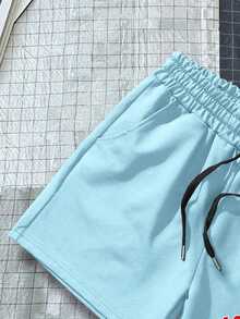 Manfinity Homme Men's Letter Print Drawstring Waist Pocket Shorts - Baby Blue - View 5