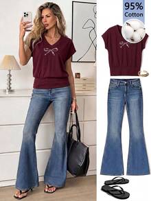 SHEIN LUNE Women's V-Neck Short Sleeve Fitted T-Shirt, Burgundy Color Suitable For Autumn/Winter, Bowknot Rhinestone Pattern On Chest - White - View 1