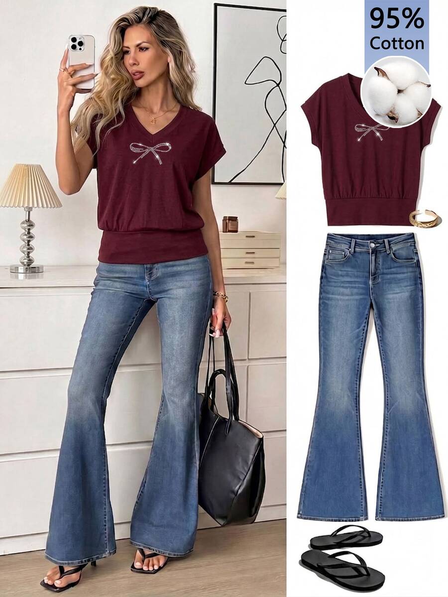 SHEIN LUNE Women's V-Neck Short Sleeve Fitted T-Shirt, Burgundy Color Suitable For Autumn/Winter, Bowknot Rhinestone Pattern On Chest - White - View 1