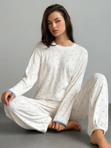 DAZY Women's Ditsy Floral Long Sleeve Top And Drawstring Waist Long Pants Pajama Set - White - View 9