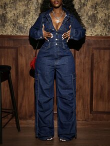 SHEIN Tall Women's Long Sleeve Utility Pocket Button Half-Placket Casual Denim Jumpsuit - Blue - View 7