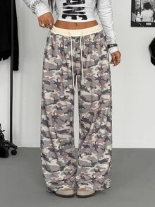 StreetHx Women's Camouflage Print Drawstring Waist Pocket Sweatpants - Apricot - View 5