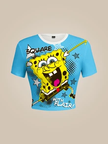 SpongeBob SquarePants | SHEIN 女款字母卡通印花圓領短袖休閒修身T恤 - 白色 - 查看 1
