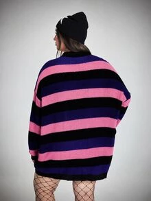 SHEIN CURVE+ 大尺碼哥德龐克萬聖節多色條紋羊毛針織開襟衫，女款秋冬針織衫 - 彩色 - 查看 2
